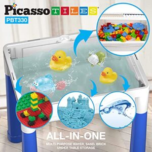 PicassoTiles Kids Activity Center Play Table & Study Desk Set Sandbox Water Tight Container Storage All-in-1 STEM Toy Kit Playset with 331pc Dual Size Building Bricks Construction Blocks Marble Run