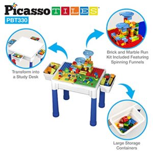 PicassoTiles Kids Activity Center Play Table & Study Desk Set Sandbox Water Tight Container Storage All-in-1 STEM Toy Kit Playset with 331pc Dual Size Building Bricks Construction Blocks Marble Run