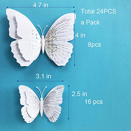 24PCS Butterfly Stickers with Sponge Gum and Magnets, White Crystal Removable Butterfly Wall Sticker Decals for Room Home Nursery Decor (White Double Wing)