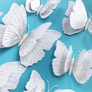 24pcs butterfly stickers with sponge gum and magnets, white crystal removable butterfly wall sticker decals for room home nursery decor (white double wing)