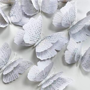 24PCS Butterfly Stickers with Sponge Gum and Magnets, White Crystal Removable Butterfly Wall Sticker Decals for Room Home Nursery Decor (White Double Wing)