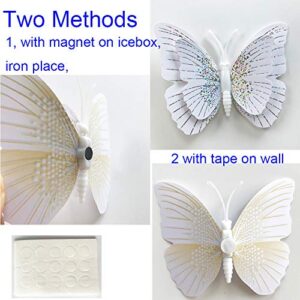 24PCS Butterfly Stickers with Sponge Gum and Magnets, White Crystal Removable Butterfly Wall Sticker Decals for Room Home Nursery Decor (White Double Wing)