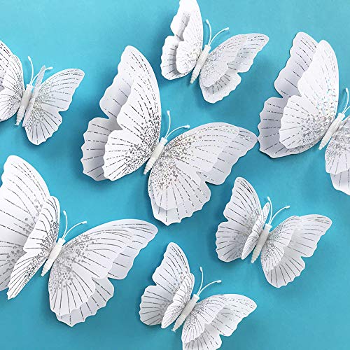 24PCS Butterfly Stickers with Sponge Gum and Magnets, White Crystal Removable Butterfly Wall Sticker Decals for Room Home Nursery Decor (White Double Wing)