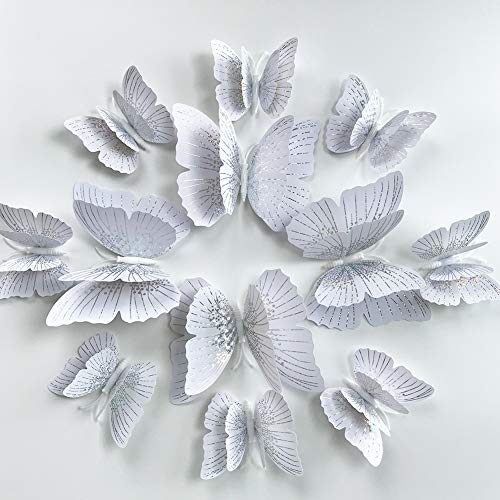 24PCS Butterfly Stickers with Sponge Gum and Magnets, White Crystal Removable Butterfly Wall Sticker Decals for Room Home Nursery Decor (White Double Wing)