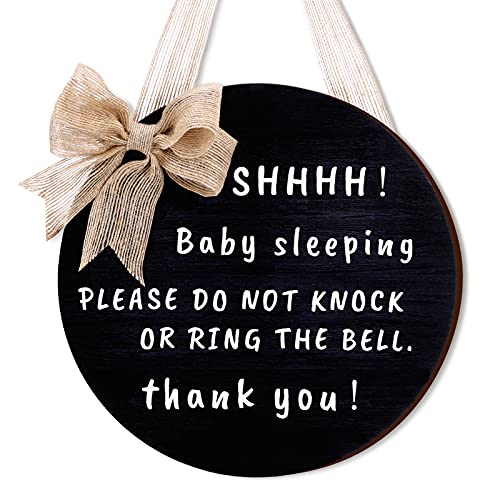 Yalikop Cute Bow Baby Sleeping Front Door Sign, Do Not Ring The Bell Do Not Disturb No Solicitation Sign Sleeping Baby Decorative Front Porch Sign for New Parent, 10 Inches, Round (Black)