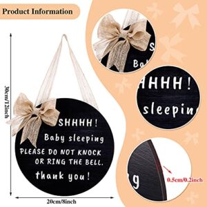 Yalikop Cute Bow Baby Sleeping Front Door Sign, Do Not Ring The Bell Do Not Disturb No Solicitation Sign Sleeping Baby Decorative Front Porch Sign for New Parent, 10 Inches, Round (Black)