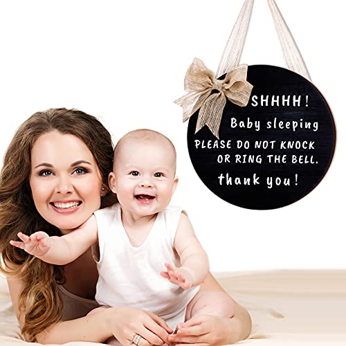 Yalikop Cute Bow Baby Sleeping Front Door Sign, Do Not Ring The Bell Do Not Disturb No Solicitation Sign Sleeping Baby Decorative Front Porch Sign for New Parent, 10 Inches, Round (Black)