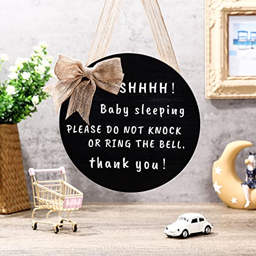 Yalikop Cute Bow Baby Sleeping Front Door Sign, Do Not Ring The Bell Do Not Disturb No Solicitation Sign Sleeping Baby Decorative Front Porch Sign for New Parent, 10 Inches, Round (Black)