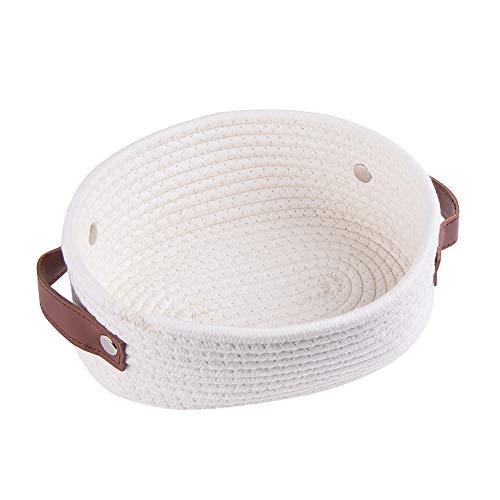 Small Woven Basket for Storage Oval Rope Coil Baskets with Handle Mini Cotton Basket Little Organizer Bins Boho Hamper Nursery Room for Kids Baby Dog Toy Gifts 7.87"x5.51"x4.33", XS White