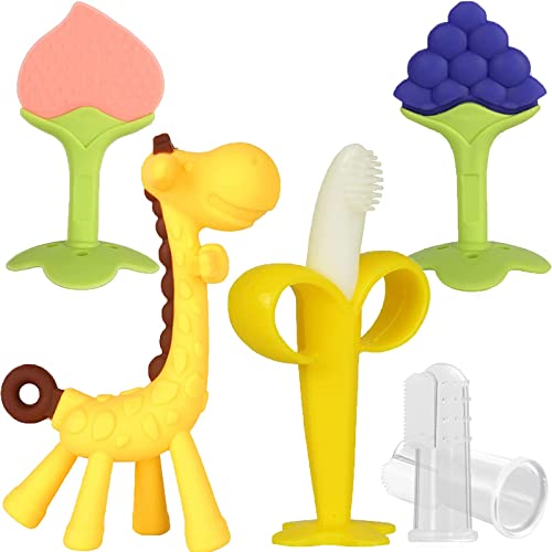 HAILI XMGQ Baby Teething Toys, Silicone Teether Freezer BPA Free, Soothe Babies Relief Sore Gums, Banana Finger Toothbrush, Fruit Shape Giraffe Set for Infant Boys and Girls