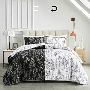 joyreap 3 pieces quilt set full/queen, black n white reversible botanical design, smooth soft microfiber quilt, bedspread bed cover for all season, 1 quilt and 2 pillow shams- 90x90 inches