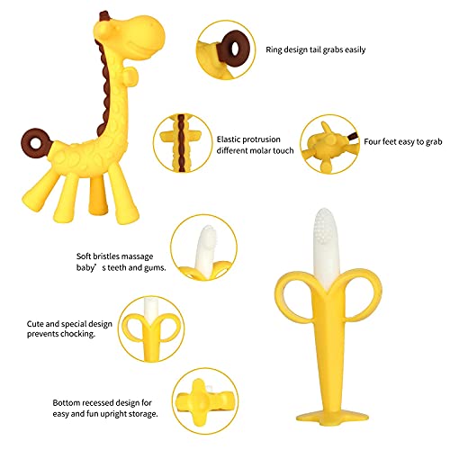 HAILI XMGQ Baby Teething Toys, Silicone Teether Freezer BPA Free, Soothe Babies Relief Sore Gums, Banana Finger Toothbrush, Fruit Shape Giraffe Set for Infant Boys and Girls