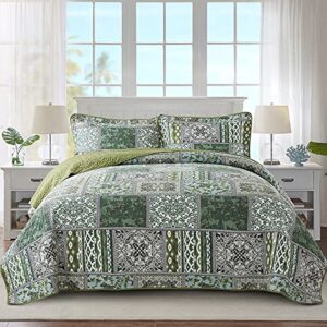 newlake cotton bedspread quilt sets-reversible patchwork coverlet set, green classic bohemian pattern,queen size