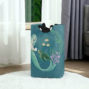 Summer Mermaid Pearl Sea Turtle Laundry Hamper Summer Undersea Oxford Collapsible Clothes Basket Large Storage 12.6x11x22.7Inches for Bedroom Laundry Room Bathroom