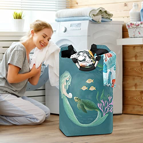 Summer Mermaid Pearl Sea Turtle Laundry Hamper Summer Undersea Oxford Collapsible Clothes Basket Large Storage 12.6x11x22.7Inches for Bedroom Laundry Room Bathroom