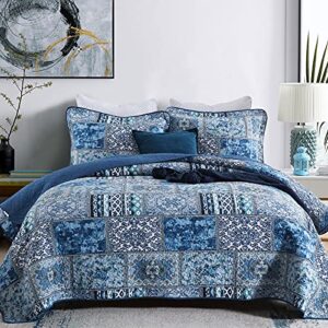blue bohemain bedspread king quilt set, 100% cotton coverlet king, reversible rustic patchwork printed bedding quilt coverlet, 3 pieces boho cotton quilt set for all season king for summer 94”x106“”