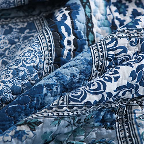 Blue Bohemain Bedspread King Quilt Set, 100% Cotton Coverlet King, Reversible Rustic Patchwork Printed Bedding Quilt Coverlet, 3 Pieces Boho Cotton Quilt Set for All Season King for Summer 94”x106“”