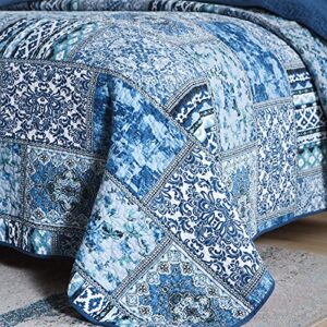 Blue Bohemain Bedspread King Quilt Set, 100% Cotton Coverlet King, Reversible Rustic Patchwork Printed Bedding Quilt Coverlet, 3 Pieces Boho Cotton Quilt Set for All Season King for Summer 94”x106“”