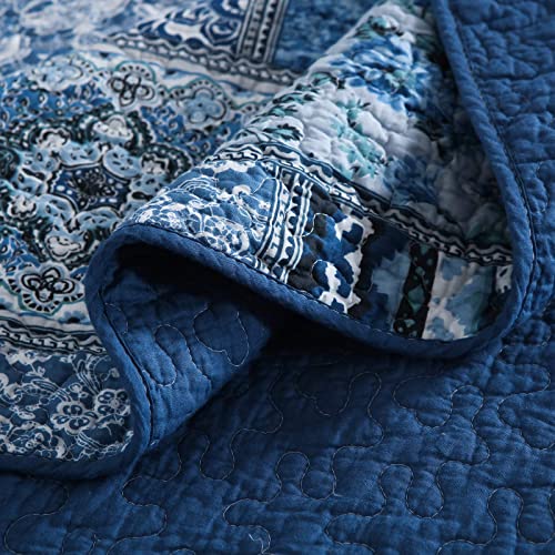Blue Bohemain Bedspread King Quilt Set, 100% Cotton Coverlet King, Reversible Rustic Patchwork Printed Bedding Quilt Coverlet, 3 Pieces Boho Cotton Quilt Set for All Season King for Summer 94”x106“”