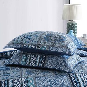 Blue Bohemain Bedspread King Quilt Set, 100% Cotton Coverlet King, Reversible Rustic Patchwork Printed Bedding Quilt Coverlet, 3 Pieces Boho Cotton Quilt Set for All Season King for Summer 94”x106“”