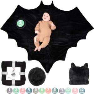 bumba kids multi-use bat blanket has a monthly baby milestone blanket option and plush black baby hat with ears, baby bat swaddle blanket, black baby blanket, black swaddle blanket, goth baby stuff
