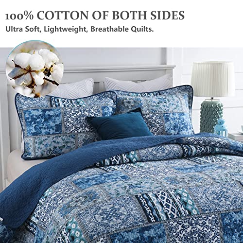 Blue Bohemain Bedspread King Quilt Set, 100% Cotton Coverlet King, Reversible Rustic Patchwork Printed Bedding Quilt Coverlet, 3 Pieces Boho Cotton Quilt Set for All Season King for Summer 94”x106“”