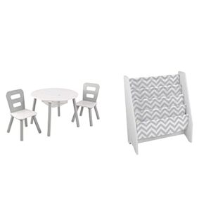 kidkraft 26166 round table and chair set, white/gray, 3 & wooden sling bookcase, sturdy canvas fabric, chevron pattern- gray & white