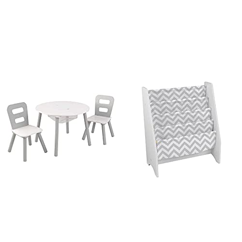 KidKraft 26166 Round Table and Chair Set, White/Gray, 3 & Wooden Sling Bookcase, Sturdy Canvas Fabric, Chevron Pattern- Gray & White