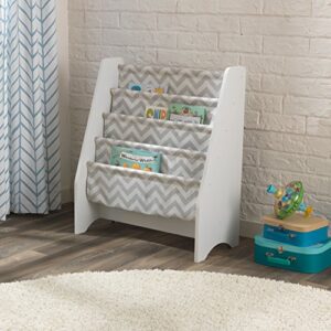 KidKraft 26166 Round Table and Chair Set, White/Gray, 3 & Wooden Sling Bookcase, Sturdy Canvas Fabric, Chevron Pattern- Gray & White