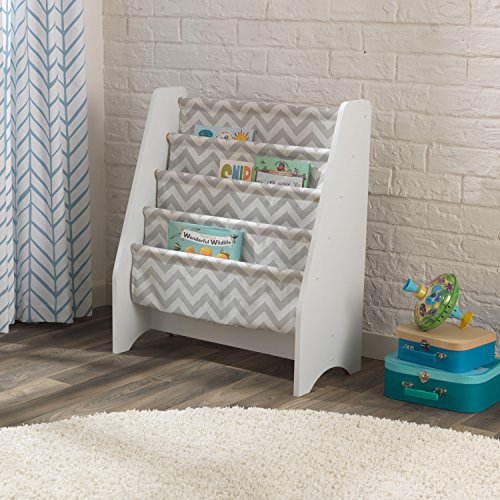 KidKraft 26166 Round Table and Chair Set, White/Gray, 3 & Wooden Sling Bookcase, Sturdy Canvas Fabric, Chevron Pattern- Gray & White