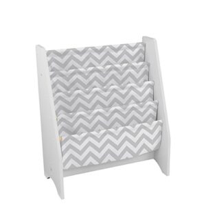 KidKraft 26166 Round Table and Chair Set, White/Gray, 3 & Wooden Sling Bookcase, Sturdy Canvas Fabric, Chevron Pattern- Gray & White