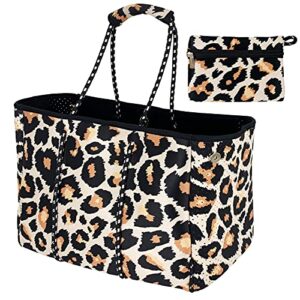 Hidora Neoprene Multipurpose Beach Bag Stylish Gym Bag Large Pool Bag Shoulder Bag Beach Tote with Small Purse (Leopard)