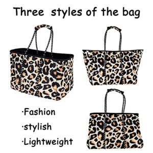 Hidora Neoprene Multipurpose Beach Bag Stylish Gym Bag Large Pool Bag Shoulder Bag Beach Tote with Small Purse (Leopard)