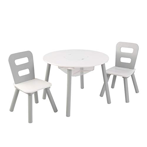 KidKraft 26166 Round Table and Chair Set, White/Gray, 3 & Wooden Sling Bookcase, Sturdy Canvas Fabric, Chevron Pattern- Gray & White