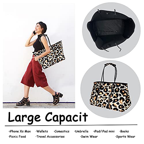 Hidora Neoprene Multipurpose Beach Bag Stylish Gym Bag Large Pool Bag Shoulder Bag Beach Tote with Small Purse (Leopard)