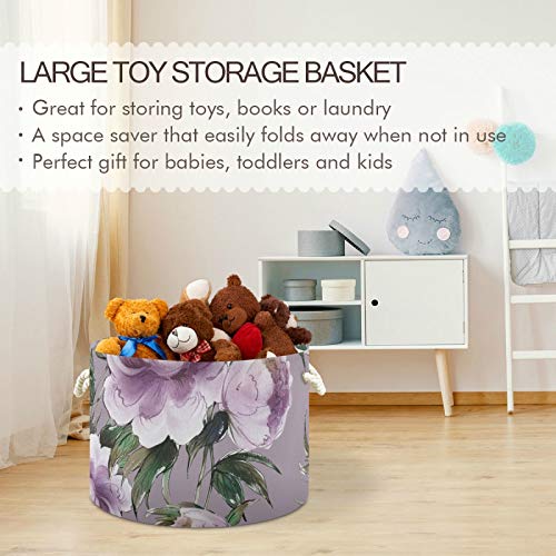 Large Storage Basket for Toys Vintage Purple Rose Flower Round Blanket Basket Baby Laundry Hamper Canvas Organizer Bin Box Cotton Rope Collapsible Bucket Pillow Home Decor