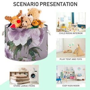 Large Storage Basket for Toys Vintage Purple Rose Flower Round Blanket Basket Baby Laundry Hamper Canvas Organizer Bin Box Cotton Rope Collapsible Bucket Pillow Home Decor