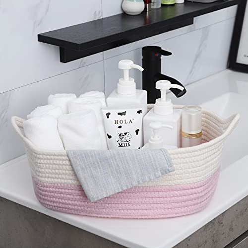 ABenkle Rope Storage Basket, Cotton Woven Pink Baby Girl Basket, Cube Soft Basket with Handles, Decorative Shelves Closet Organizer for Nursery Laundry Bedroom Bathroom, Small Basket for Organizing