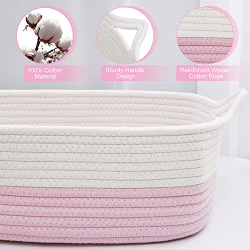 ABenkle Rope Storage Basket, Cotton Woven Pink Baby Girl Basket, Cube Soft Basket with Handles, Decorative Shelves Closet Organizer for Nursery Laundry Bedroom Bathroom, Small Basket for Organizing