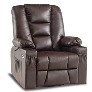 mcombo manual swivel glider rocker recliner chair with massage and heat for nursery, usb ports, 2 side pockets and cup holders, durable faux leather 8036 (dark brown)
