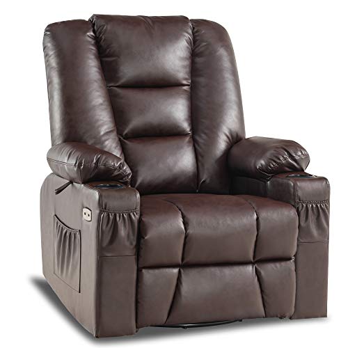 MCombo Manual Swivel Glider Rocker Recliner Chair with Massage and Heat for Nursery, USB Ports, 2 Side Pockets and Cup Holders, Durable Faux Leather 8036 (Dark Brown)