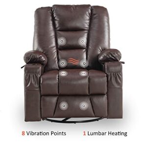 MCombo Manual Swivel Glider Rocker Recliner Chair with Massage and Heat for Nursery, USB Ports, 2 Side Pockets and Cup Holders, Durable Faux Leather 8036 (Dark Brown)