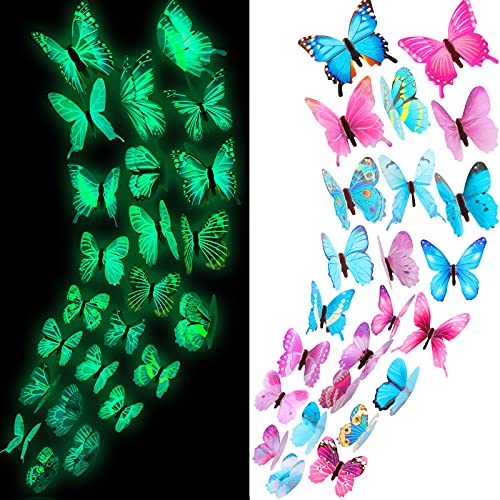 48 Pieces Butterfly Decal, Glow in The Dark 3D Butterfly Sticker for Ceiling Wall Decor DIY Adhesive Butterfly for Room Nursery Living Room Luminous Realistic Butterfly Home Garden (Purple and Blue)