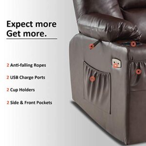 MCombo Manual Swivel Glider Rocker Recliner Chair with Massage and Heat for Nursery, USB Ports, 2 Side Pockets and Cup Holders, Durable Faux Leather 8036 (Dark Brown)