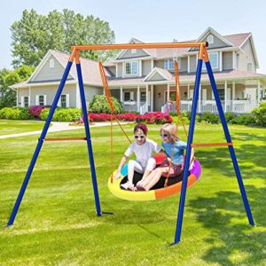 gikpal saucer swing with stand for kids outdoor, 440lbs swing set with heavy-duty metal frame and adjustable ropes, safe waterproof round swing for backyard playground park, rainbow color