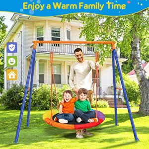 GIKPAL Saucer Swing with Stand for Kids Outdoor, 440lbs Swing Set with Heavy-Duty Metal Frame and Adjustable Ropes, Safe Waterproof Round Swing for Backyard Playground Park, Rainbow Color