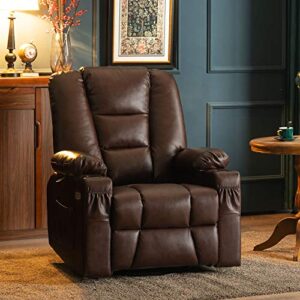 MCombo Manual Swivel Glider Rocker Recliner Chair with Massage and Heat for Nursery, USB Ports, 2 Side Pockets and Cup Holders, Durable Faux Leather 8036 (Dark Brown)