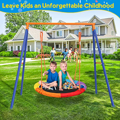 GIKPAL Saucer Swing with Stand for Kids Outdoor, 440lbs Swing Set with Heavy-Duty Metal Frame and Adjustable Ropes, Safe Waterproof Round Swing for Backyard Playground Park, Rainbow Color