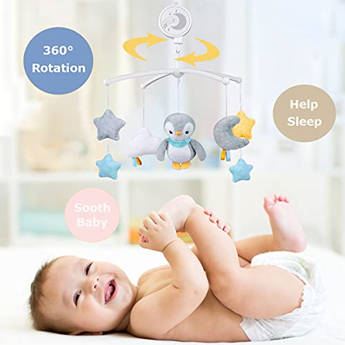 Baby Musical Mobile with Lullabies Music Box, Rotating Penguin Mobile Soother Crib Toy, Gift for Baby Nursery Bed Decoration for Newborn Boys and Girls