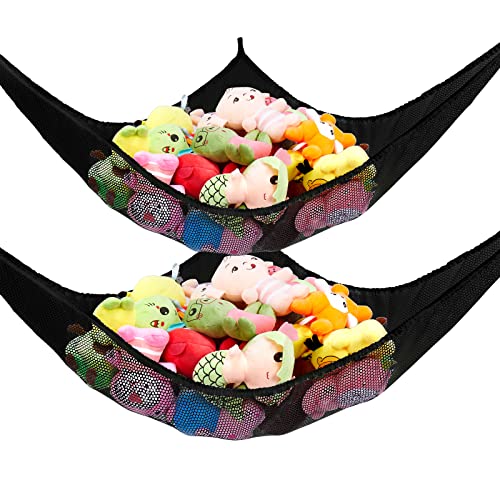 KanYool Stuffed Animal Net, Jumbo Stuffed Animal Toy Hammock Hanging Stuff Animals Organizer Storage Net Boho Large Corner Plush Toys Net Holder for Nursery Play Room Bedroom Kid Room 2 Pack Black